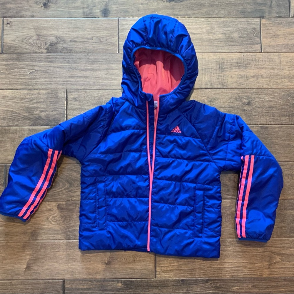 Adidas Girls Hooded Puffer Jacket | Size Large 14 | Royal Blue & Hot Pink
